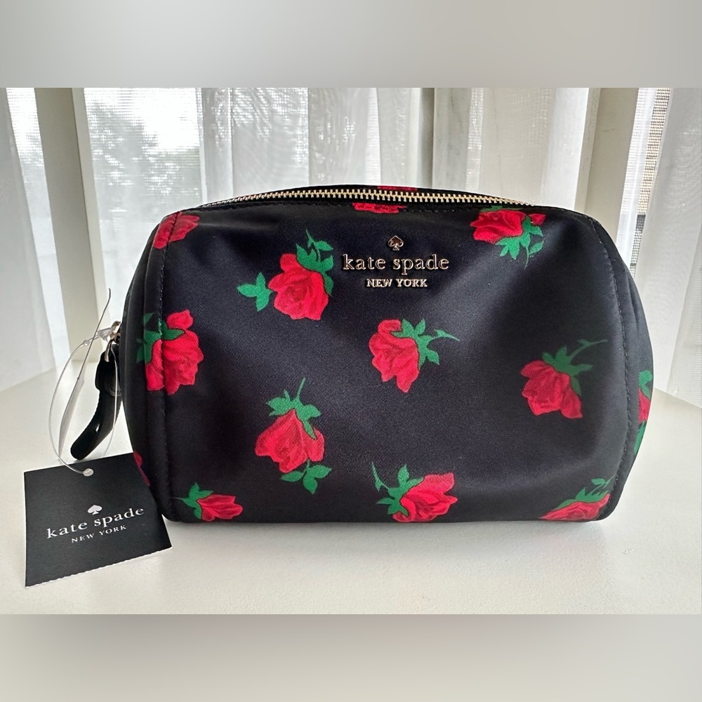 Kate Spade Black Cosmetic Bag with Red Rose Pattern